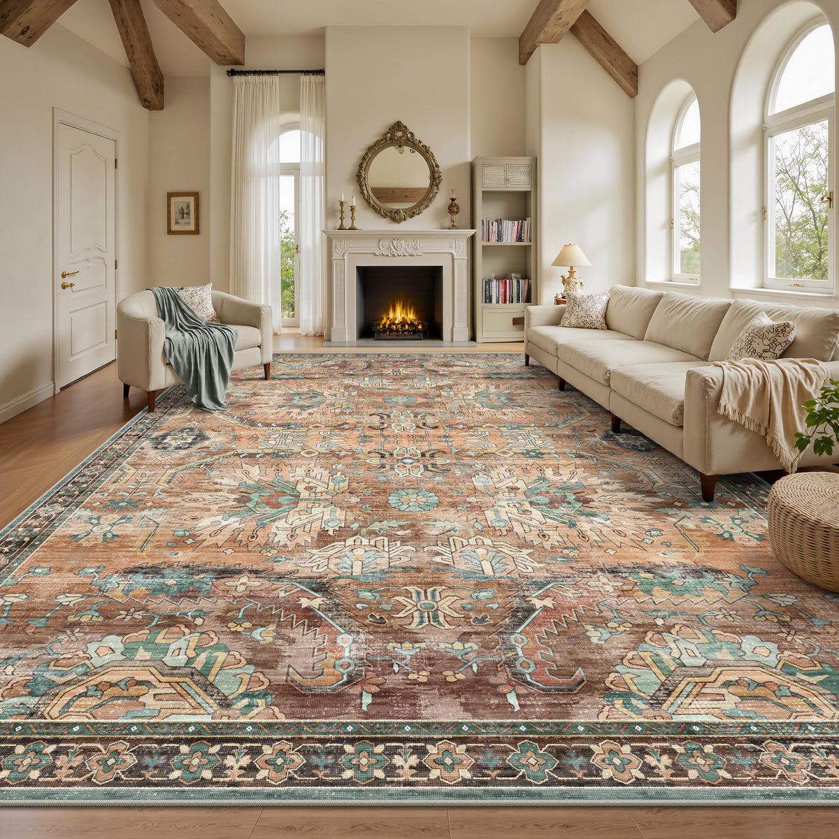 8x10 Area Rugs for Living Room - Washable Vintage Retro Large Rug, Soft Ultra Thin Non Slip Low Pile Traditional Distressed Boho Carpet for Bedroom Dining Room Home Office, Charcoal Olive