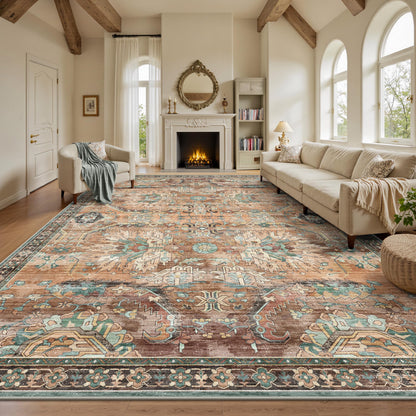 8x10 Area Rugs for Living Room - Washable Vintage Retro Large Rug, Soft Ultra Thin Non Slip Low Pile Traditional Distressed Boho Carpet for Bedroom Dining Room Home Office, Charcoal Olive