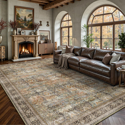 8x10 Area Rugs for Living Room - Washable Vintage Retro Large Rug, Soft Ultra Thin Non Slip Low Pile Traditional Distressed Boho Carpet for Bedroom Dining Room Home Office, Charcoal Olive