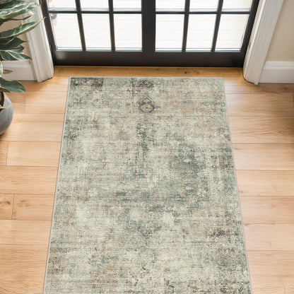 Farmhouse 8x10 Washable Area Rugs for Living Room, Neutral Taupe Brown Abstract Rug for Dining Room and Bedroom, Soft Foldable Low Pile Carpet, Stain Resistant Non-Slip Backing, Distressed Design