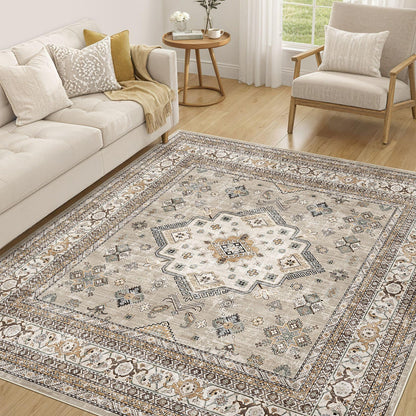 cotiled 9x12 Area Rug for Living Room, Washable, Traditional, Beige