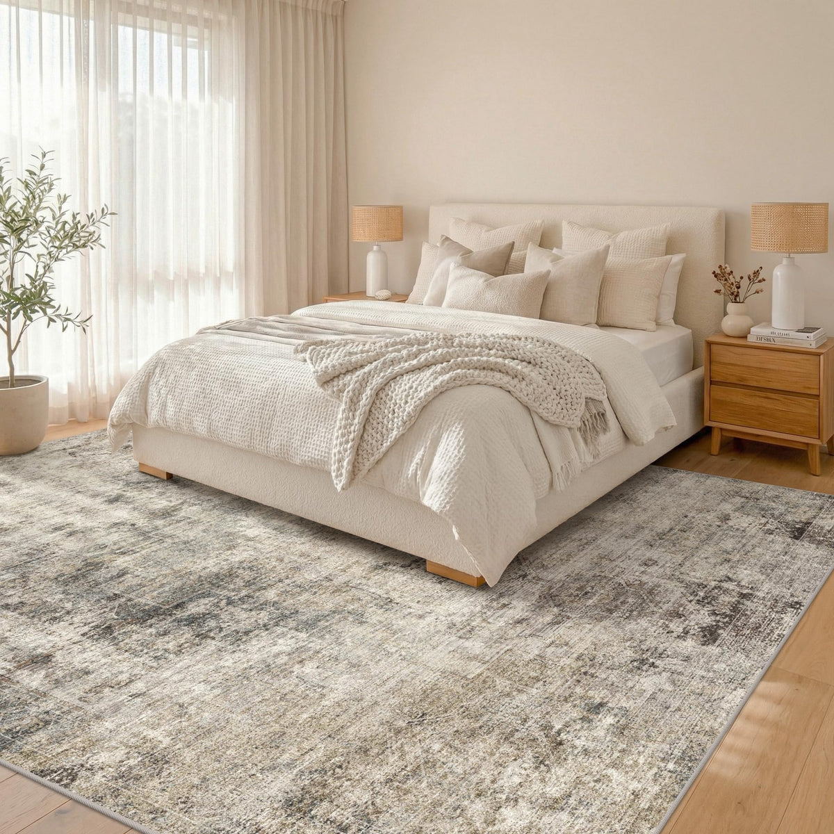 Farmhouse 8x10 Washable Area Rugs for Living Room, Neutral Taupe Brown Abstract Rug for Dining Room and Bedroom, Soft Foldable Low Pile Carpet, Stain Resistant Non-Slip Backing, Distressed Design