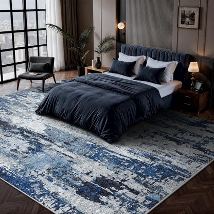 8x10 Area Rugs, Abstract Morden Soft Washable Rug, Non-Slip Low Pile Rugs for Living Room, Bedroom, Dining Room, Home, Office(Ocean Blue)