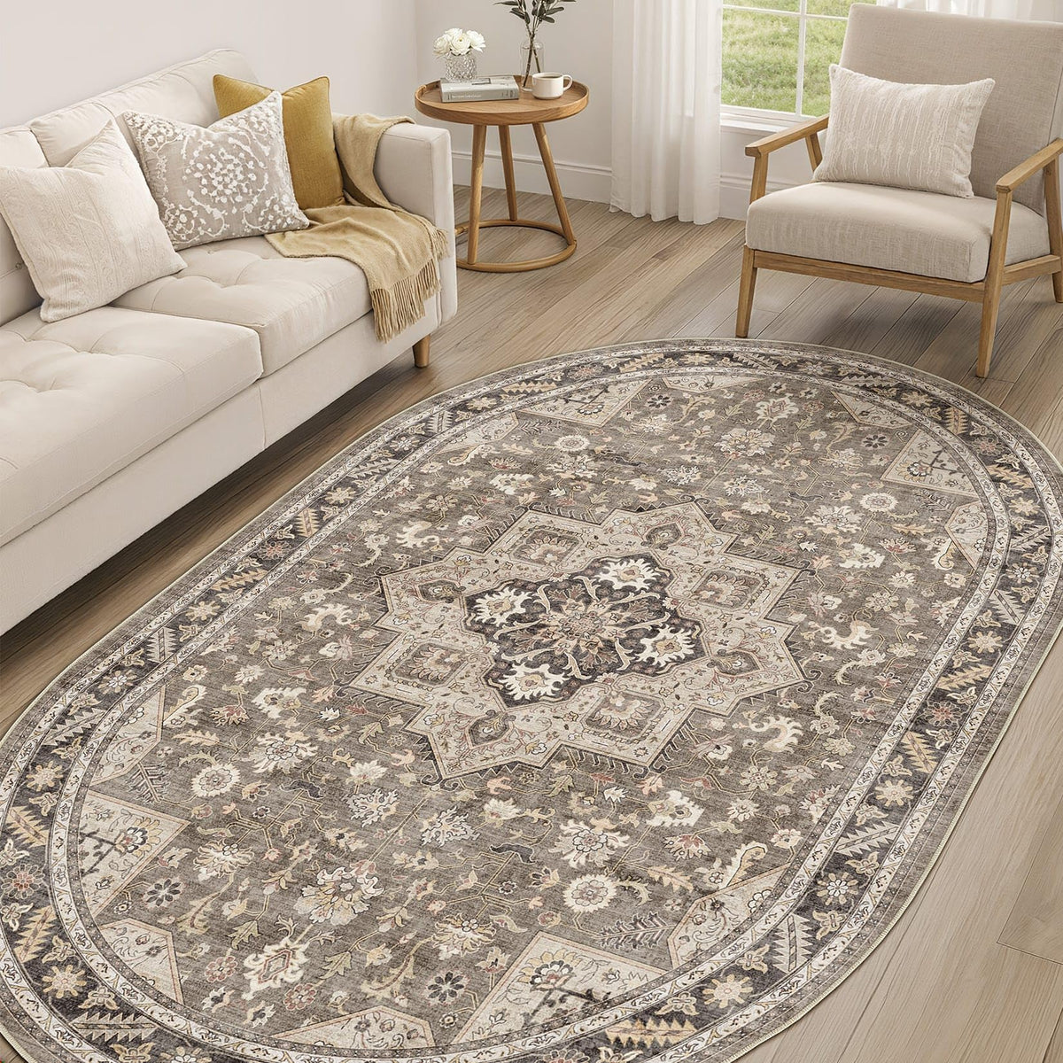 cotiled 9x12 Area Rug for Living Room, Washable, Traditional, Beige
