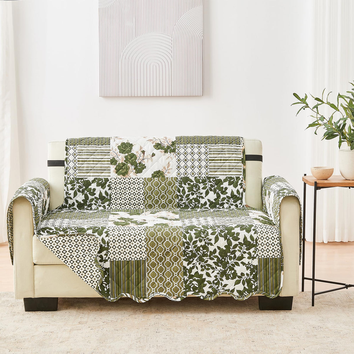 Great Bay Home Reversible Patchwork Sofa Cover - Washable Slipcover Furniture Protector with Elastic Straps - Perfect for Kids & Pets - Box-Stitched Detail (Taupe)