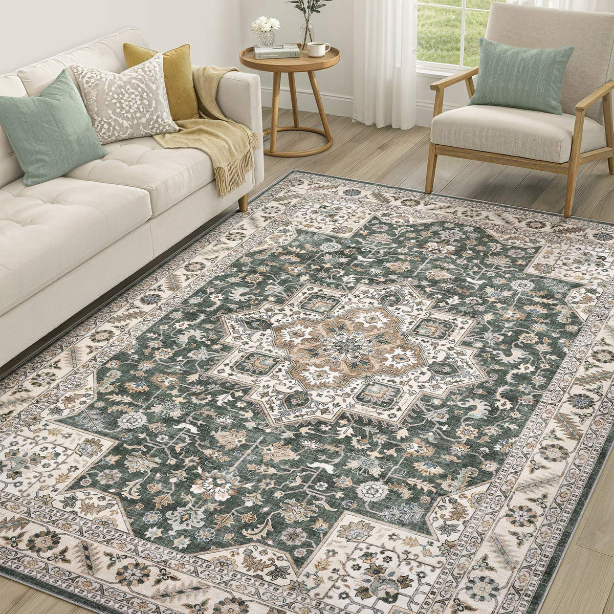cotiled 9x12 Area Rug for Living Room, Washable, Traditional, Beige