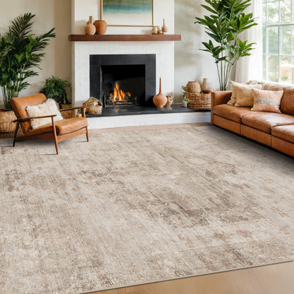 Farmhouse 8x10 Washable Area Rugs for Living Room, Neutral Taupe Brown Abstract Rug for Dining Room and Bedroom, Soft Foldable Low Pile Carpet, Stain Resistant Non-Slip Backing, Distressed Design