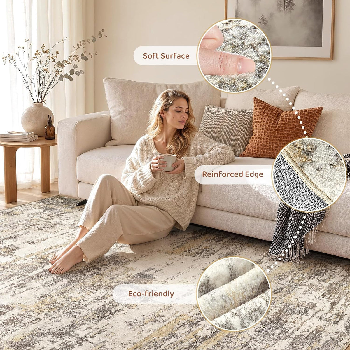 8x10 Area Rugs Living Room Abstract Washable Rug, Gold Brown