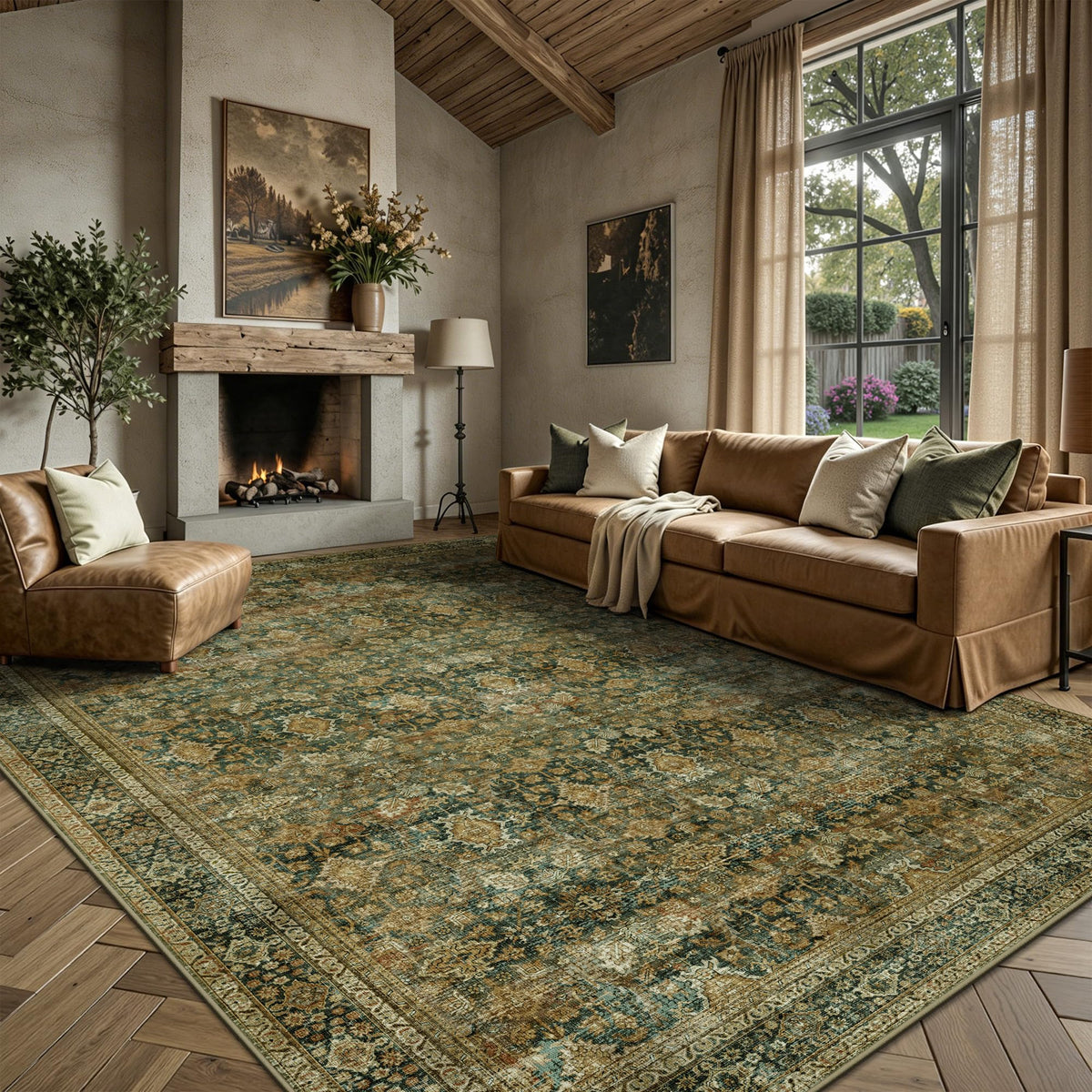 8x10 Area Rugs for Living Room - Washable Vintage Retro Large Rug, Soft Ultra Thin Non Slip Low Pile Traditional Distressed Boho Carpet for Bedroom Dining Room Home Office, Charcoal Olive