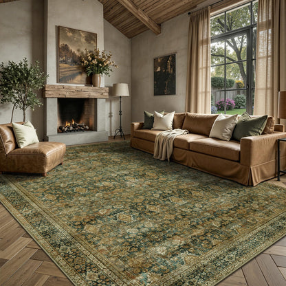 8x10 Area Rugs for Living Room - Washable Vintage Retro Large Rug, Soft Ultra Thin Non Slip Low Pile Traditional Distressed Boho Carpet for Bedroom Dining Room Home Office, Charcoal Olive