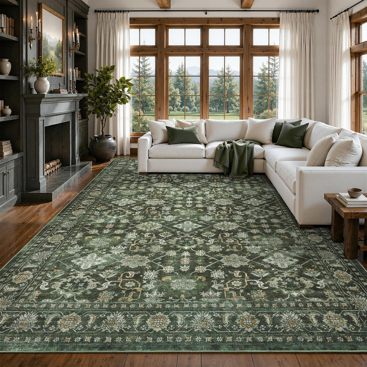 DCX 8x10 Area Rug Living Room: Washable Botanical Carpet Blue and Green