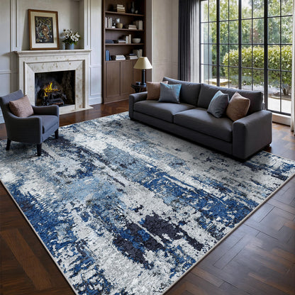 8x10 Area Rugs, Abstract Morden Soft Washable Rug, Non-Slip Low Pile Rugs for Living Room, Bedroom, Dining Room, Home, Office(Ocean Blue)