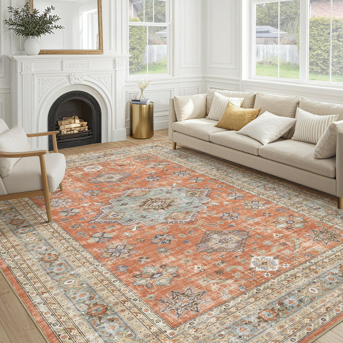 cotiled 9x12 Area Rug for Living Room, Washable, Traditional, Beige
