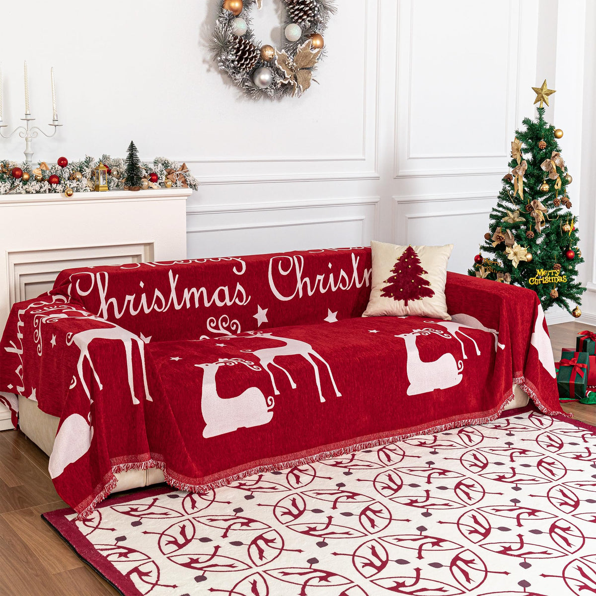 MYSKY HOME Sofa Covers for 2 Cushion Couch L Shaped Couch Cover Washable Couch Cover with Tassels Boho Couch Covers Non Slip Super Universal Soft Sofa Slipcover for Kids, Dogs, Pets, 71"x118", White