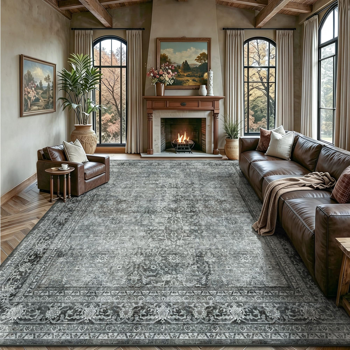 8x10 Area Rugs for Living Room - Washable Vintage Retro Large Rug, Soft Ultra Thin Non Slip Low Pile Traditional Distressed Boho Carpet for Bedroom Dining Room Home Office, Charcoal Olive