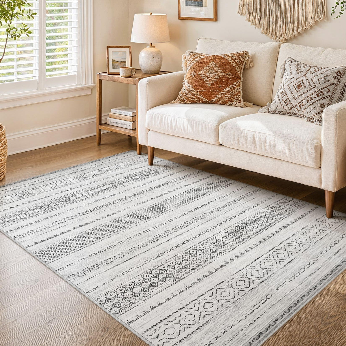 Nakagishi 10X14 Area Rugs for Living Room: Washable Modern Abstract Rug with Non-Slip Silicone Backing Low Pile Soft Carpet for Bedroom & Dining Decor Ideal for Families with Kids and Pets-Brown