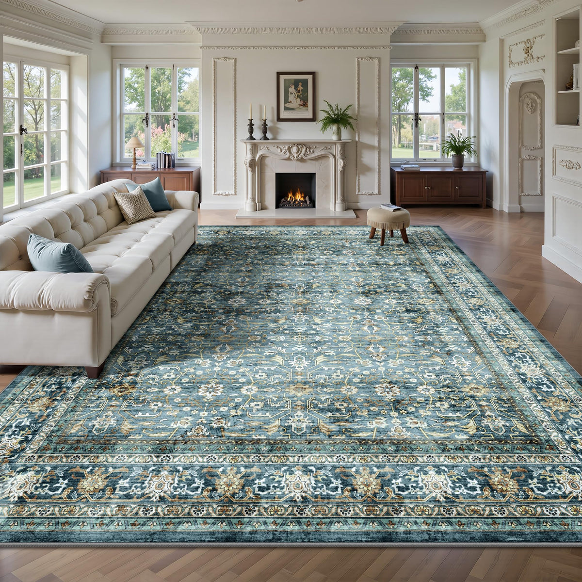 8x10 Area Rugs for Living Room - Washable Vintage Retro Large Rug, Soft Ultra Thin Non Slip Low Pile Traditional Distressed Boho Carpet for Bedroom Dining Room Home Office, Charcoal Olive