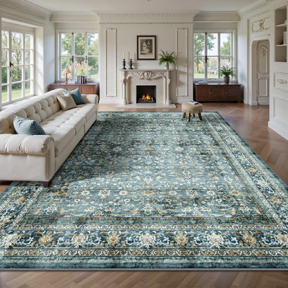 8x10 Area Rugs for Living Room - Washable Vintage Retro Large Rug, Soft Ultra Thin Non Slip Low Pile Traditional Distressed Boho Carpet for Bedroom Dining Room Home Office, Charcoal Olive