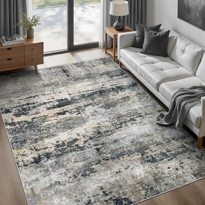 pmtsns Area Rugs 8x10 for Living Room: Washable Rug Modern Abstract Neutral Soft Non-Slip Low-Pile Indoor Large Carpet for Bedroom Dining Room Playroom Home Office (Blue Grey Brown, 8'x10')