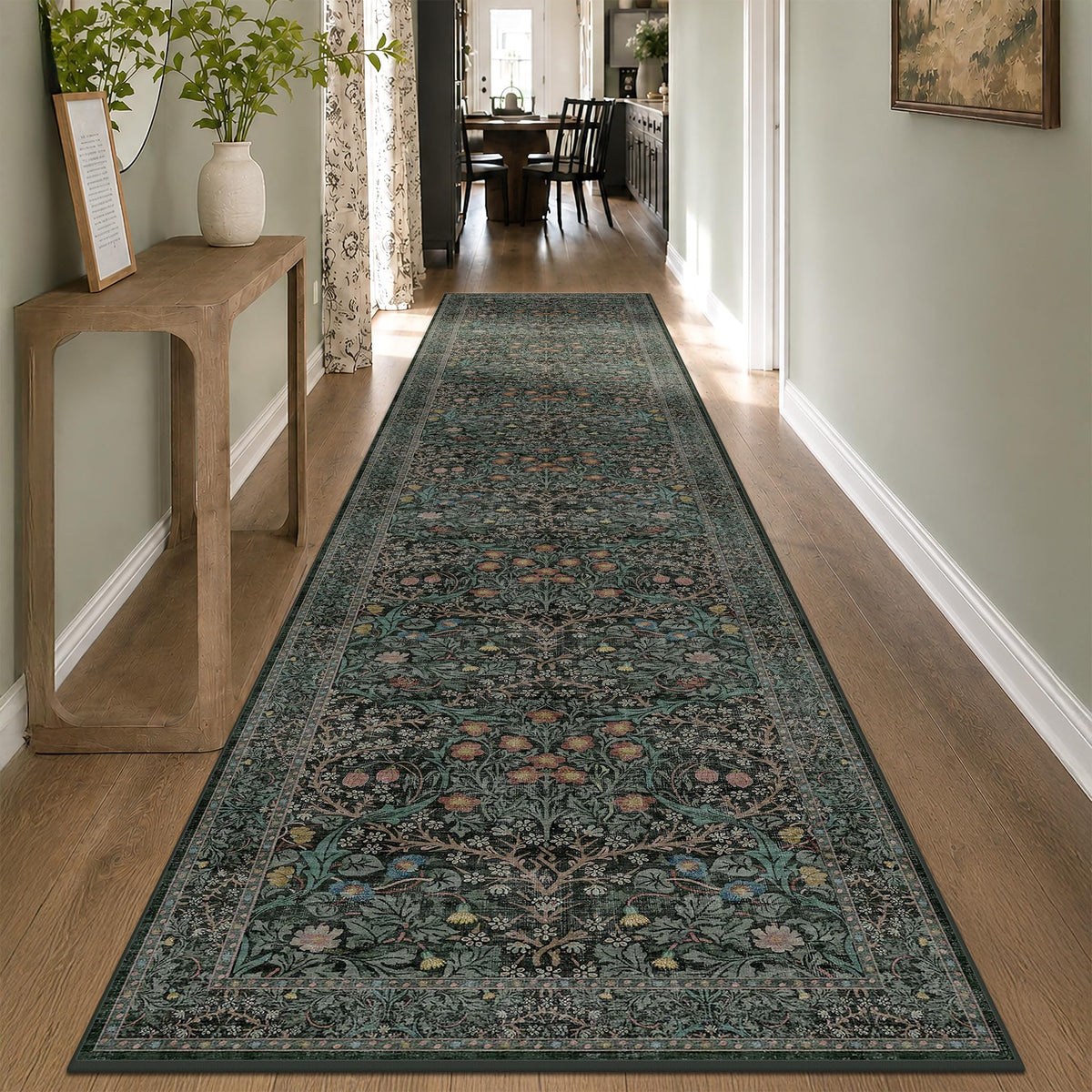 Floral Dark Green Washable Area Rugs 8x10, Vintage Living Room Rug