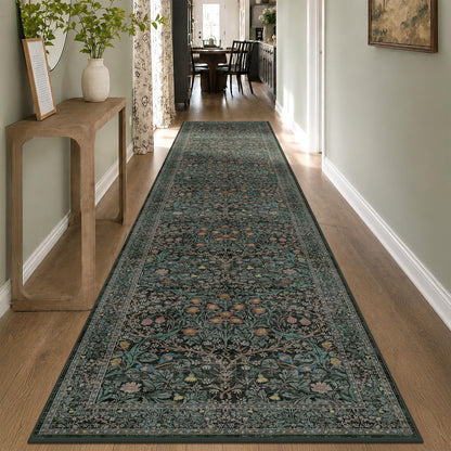 Floral Dark Green Washable Area Rugs 8x10, Vintage Living Room Rug