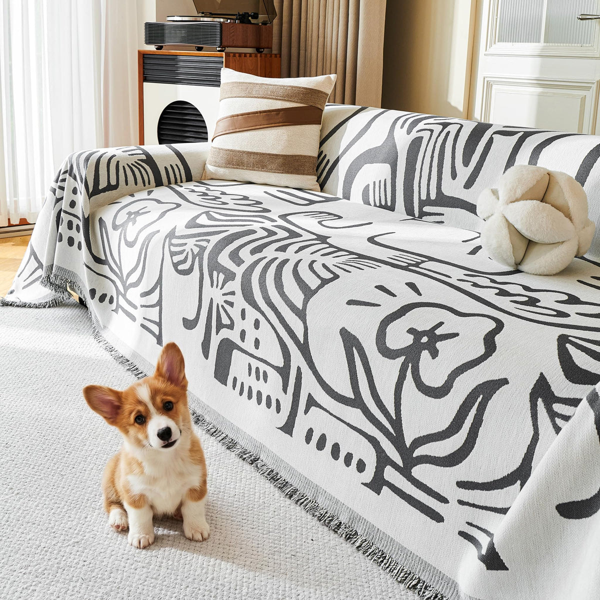 MYSKY HOME Sofa Covers for 2 Cushion Couch L Shaped Couch Cover Washable Couch Cover with Tassels Boho Couch Covers Non Slip Super Universal Soft Sofa Slipcover for Kids, Dogs, Pets, 71"x118", White