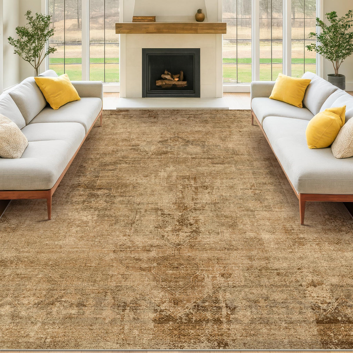 Farmhouse 8x10 Washable Area Rugs for Living Room, Neutral Taupe Brown Abstract Rug for Dining Room and Bedroom, Soft Foldable Low Pile Carpet, Stain Resistant Non-Slip Backing, Distressed Design