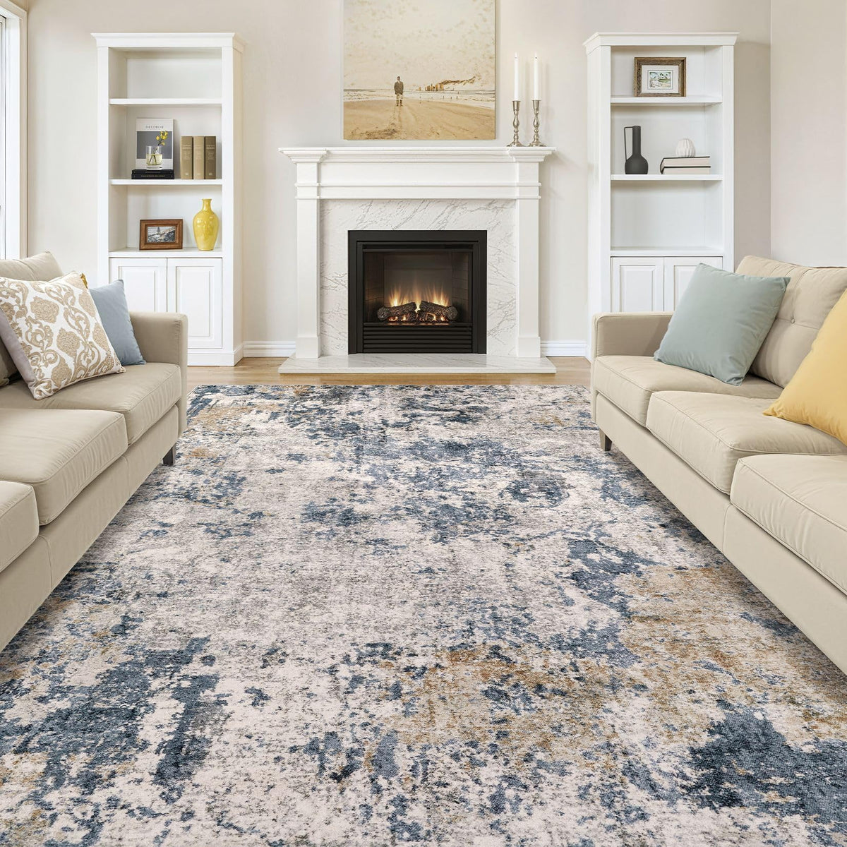 8x10 Area Rugs Living Room Abstract Washable Rug, Gold Brown