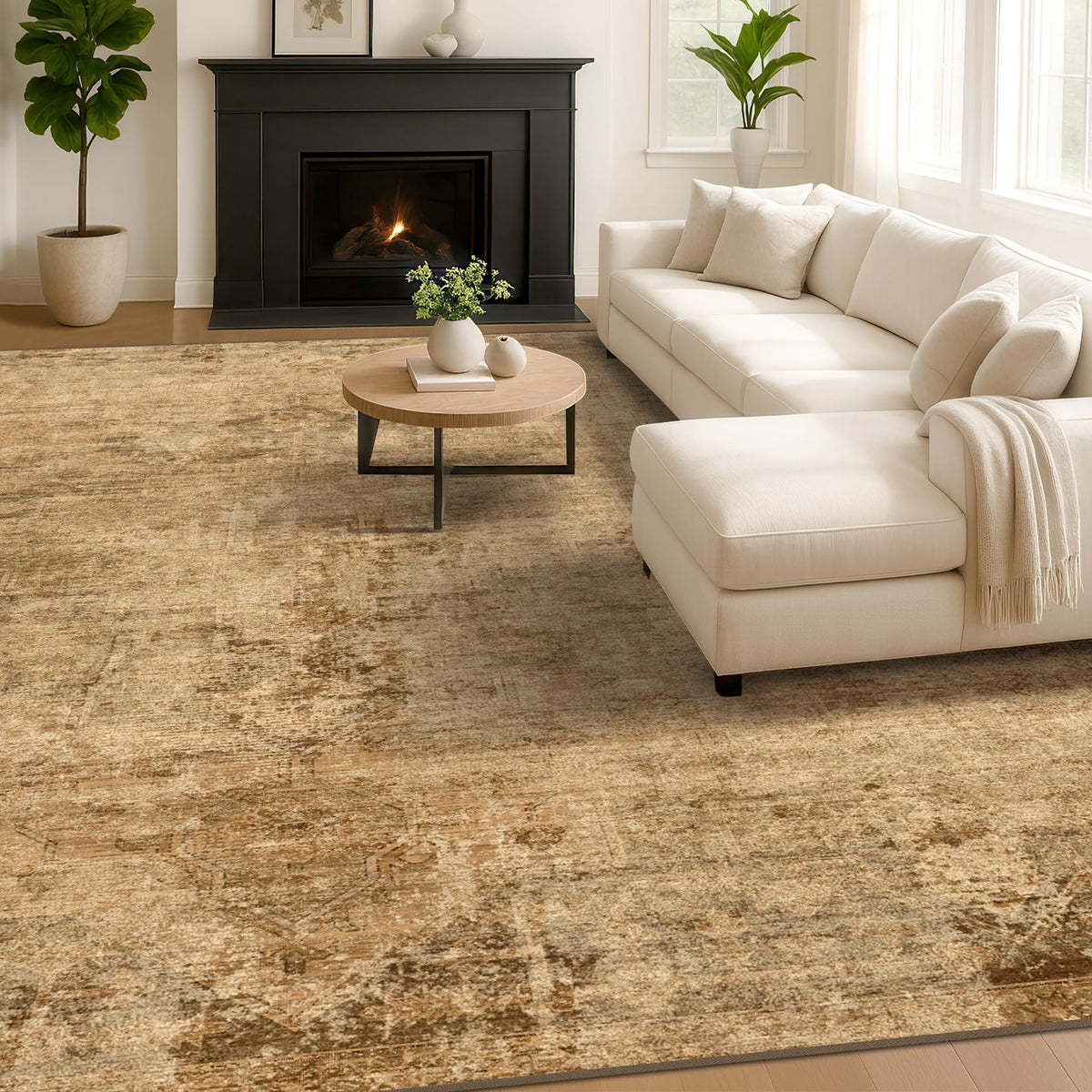 Farmhouse 8x10 Washable Area Rugs for Living Room, Neutral Taupe Brown Abstract Rug for Dining Room and Bedroom, Soft Foldable Low Pile Carpet, Stain Resistant Non-Slip Backing, Distressed Design