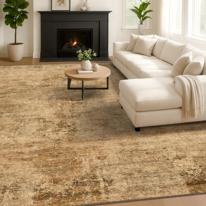 Farmhouse 8x10 Washable Area Rugs for Living Room, Neutral Taupe Brown Abstract Rug for Dining Room and Bedroom, Soft Foldable Low Pile Carpet, Stain Resistant Non-Slip Backing, Distressed Design