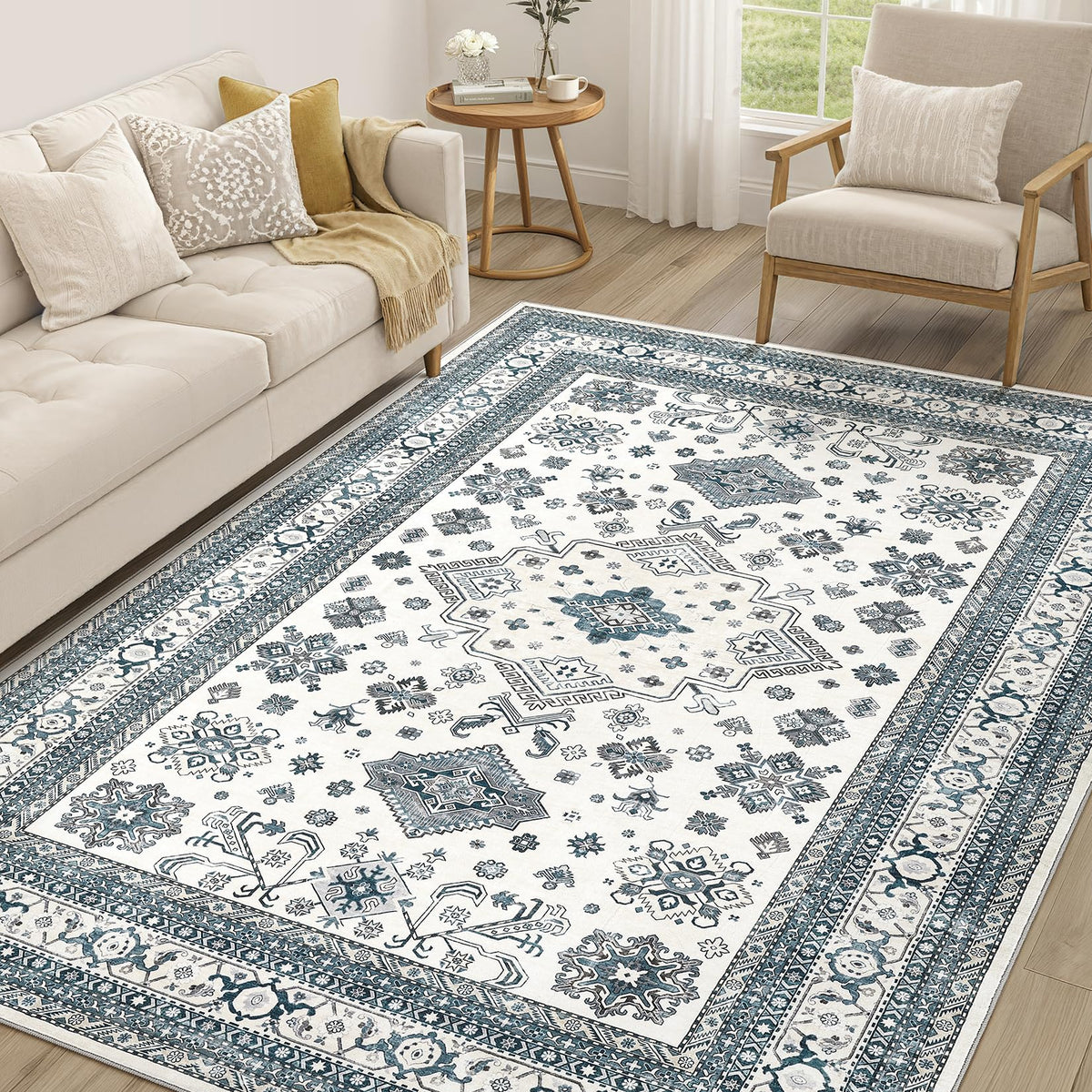 cotiled 9x12 Area Rug for Living Room, Washable, Traditional, Beige