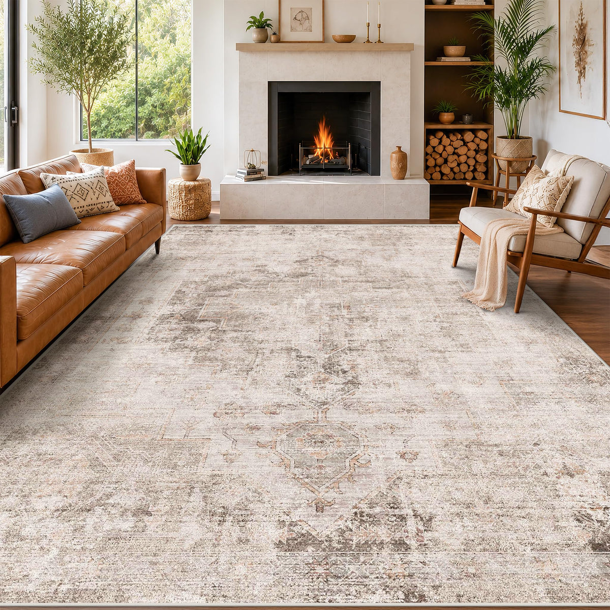 Farmhouse 8x10 Washable Area Rugs for Living Room, Neutral Taupe Brown Abstract Rug for Dining Room and Bedroom, Soft Foldable Low Pile Carpet, Stain Resistant Non-Slip Backing, Distressed Design