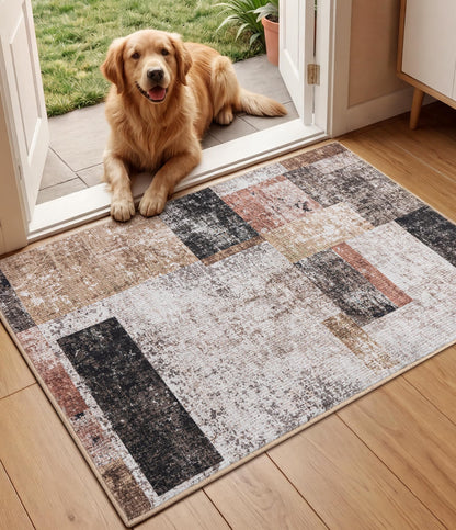 YIHOUSE Brown Modern 5x7 Area Rugs for Living Room, Washable Geometric Patchwork Rug for Bedroom Playroom Non Slip Low Pile, Southwestern Rustic Throw Carpet for Entryway Home Office