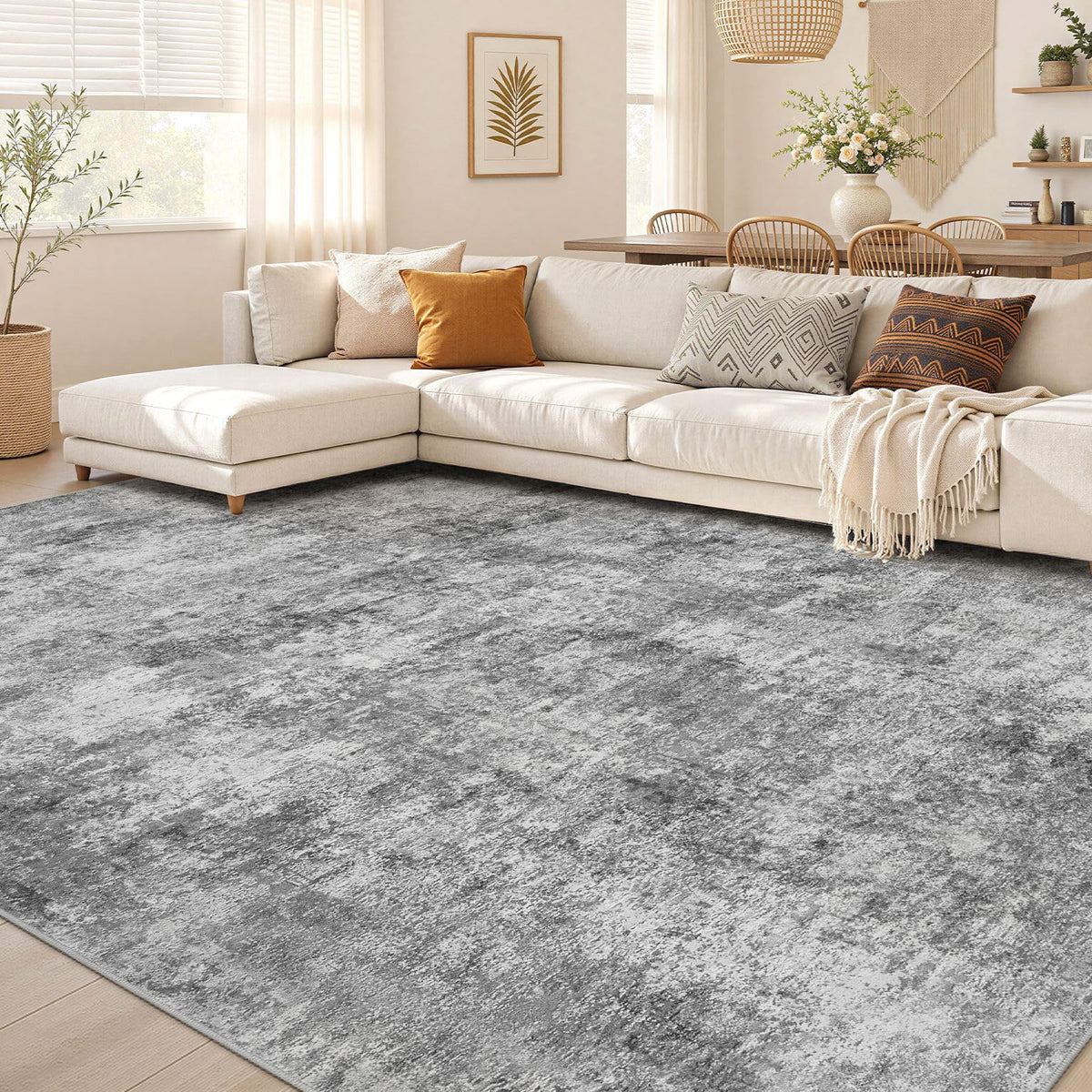 Nakagishi 10X14 Area Rugs for Living Room: Washable Modern Abstract Rug with Non-Slip Silicone Backing Low Pile Soft Carpet for Bedroom & Dining Decor Ideal for Families with Kids and Pets-Brown