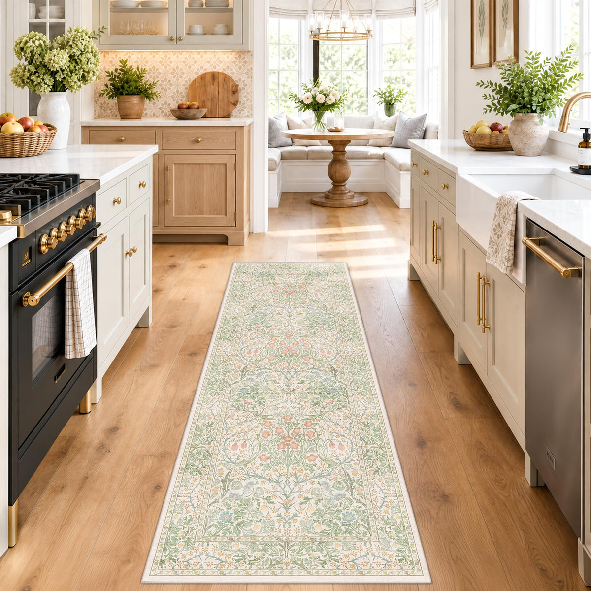 Floral Dark Green Washable Area Rugs 8x10, Vintage Living Room Rug