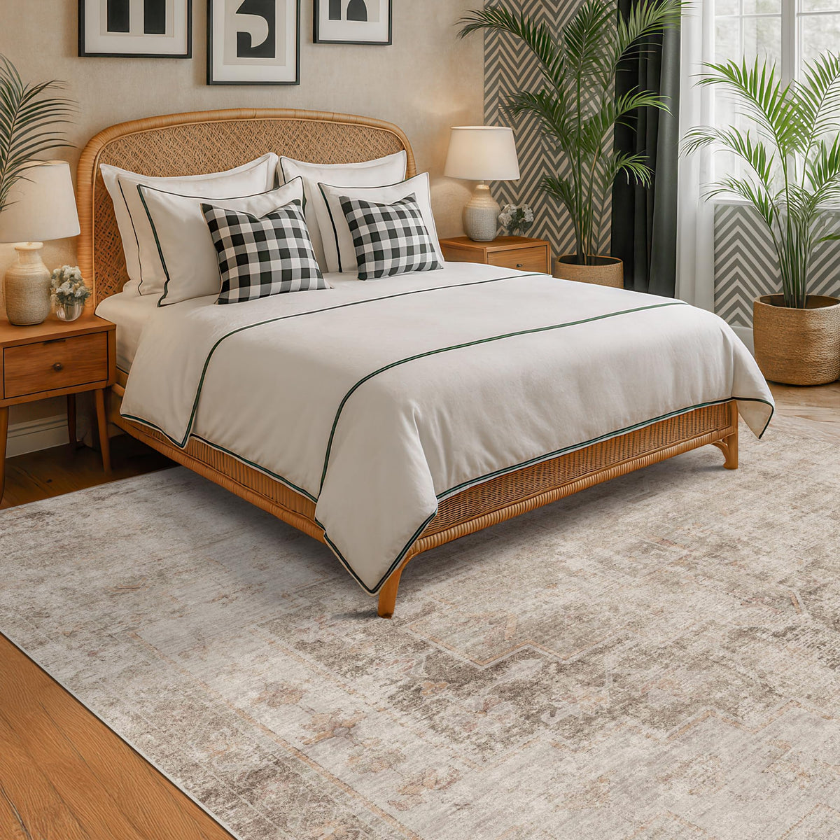 Farmhouse 8x10 Washable Area Rugs for Living Room, Neutral Taupe Brown Abstract Rug for Dining Room and Bedroom, Soft Foldable Low Pile Carpet, Stain Resistant Non-Slip Backing, Distressed Design