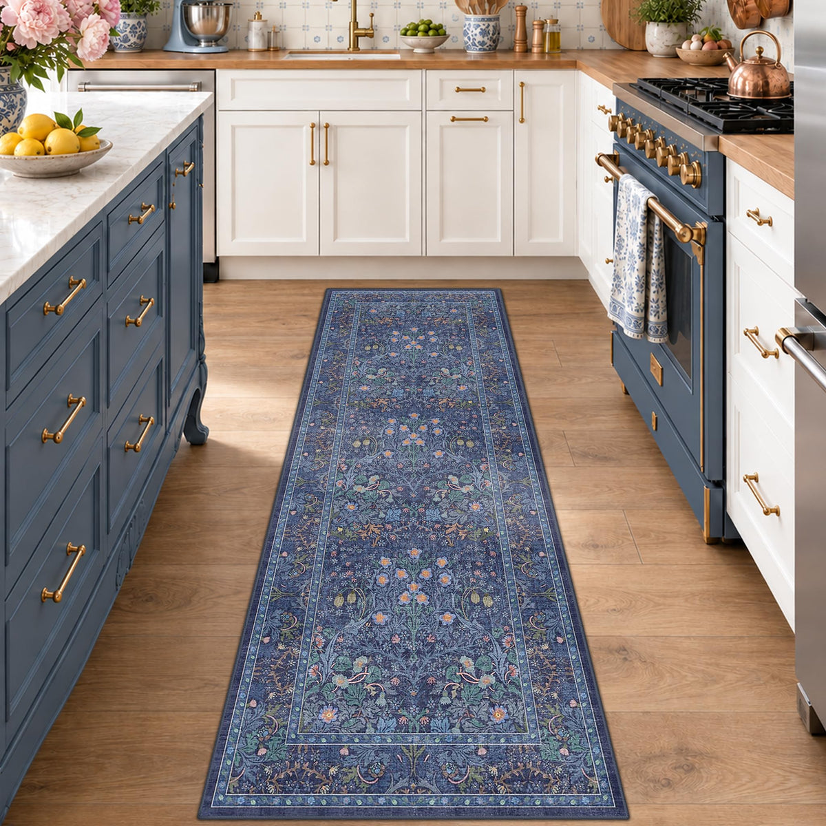 Floral Dark Green Washable Area Rugs 8x10, Vintage Living Room Rug
