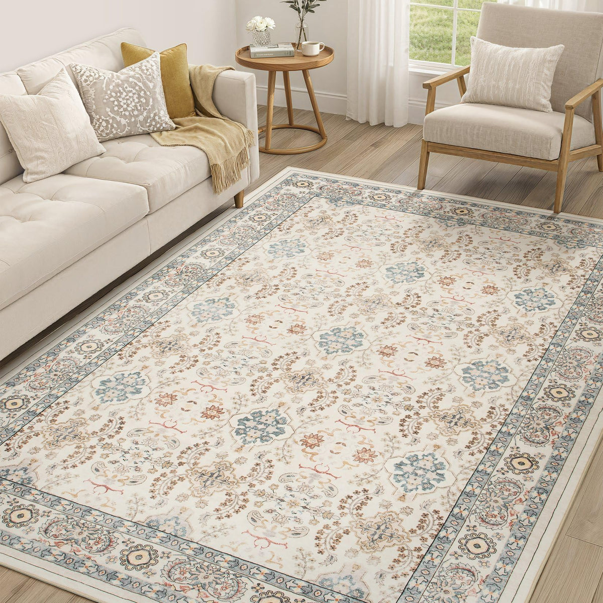 cotiled 9x12 Area Rug for Living Room, Washable, Traditional, Beige