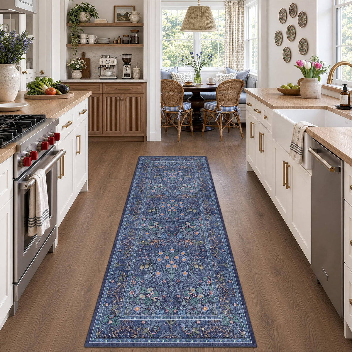 Floral Dark Green Washable Area Rugs 8x10, Vintage Living Room Rug