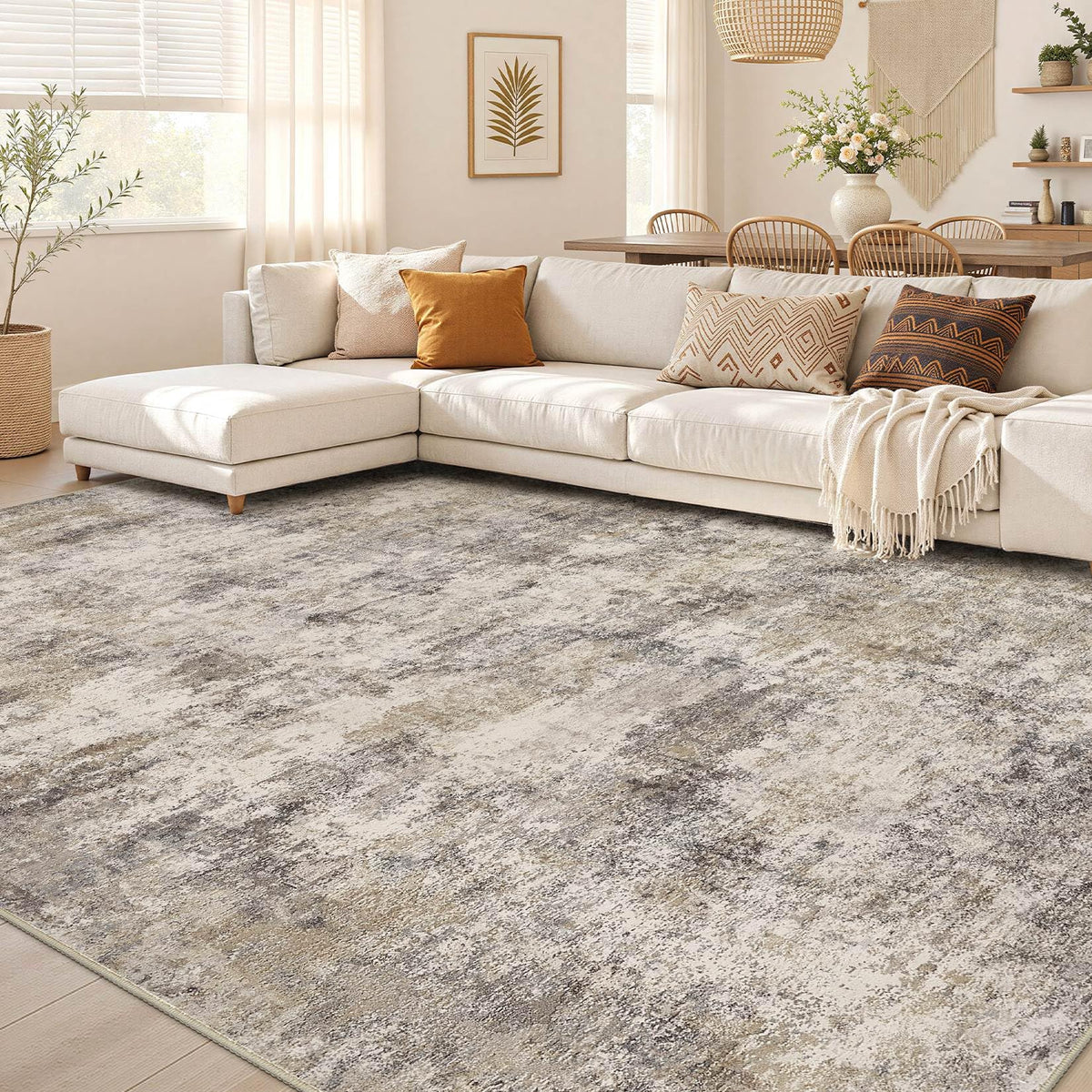 Nakagishi 10X14 Area Rugs for Living Room: Washable Modern Abstract Rug with Non-Slip Silicone Backing Low Pile Soft Carpet for Bedroom & Dining Decor Ideal for Families with Kids and Pets-Brown