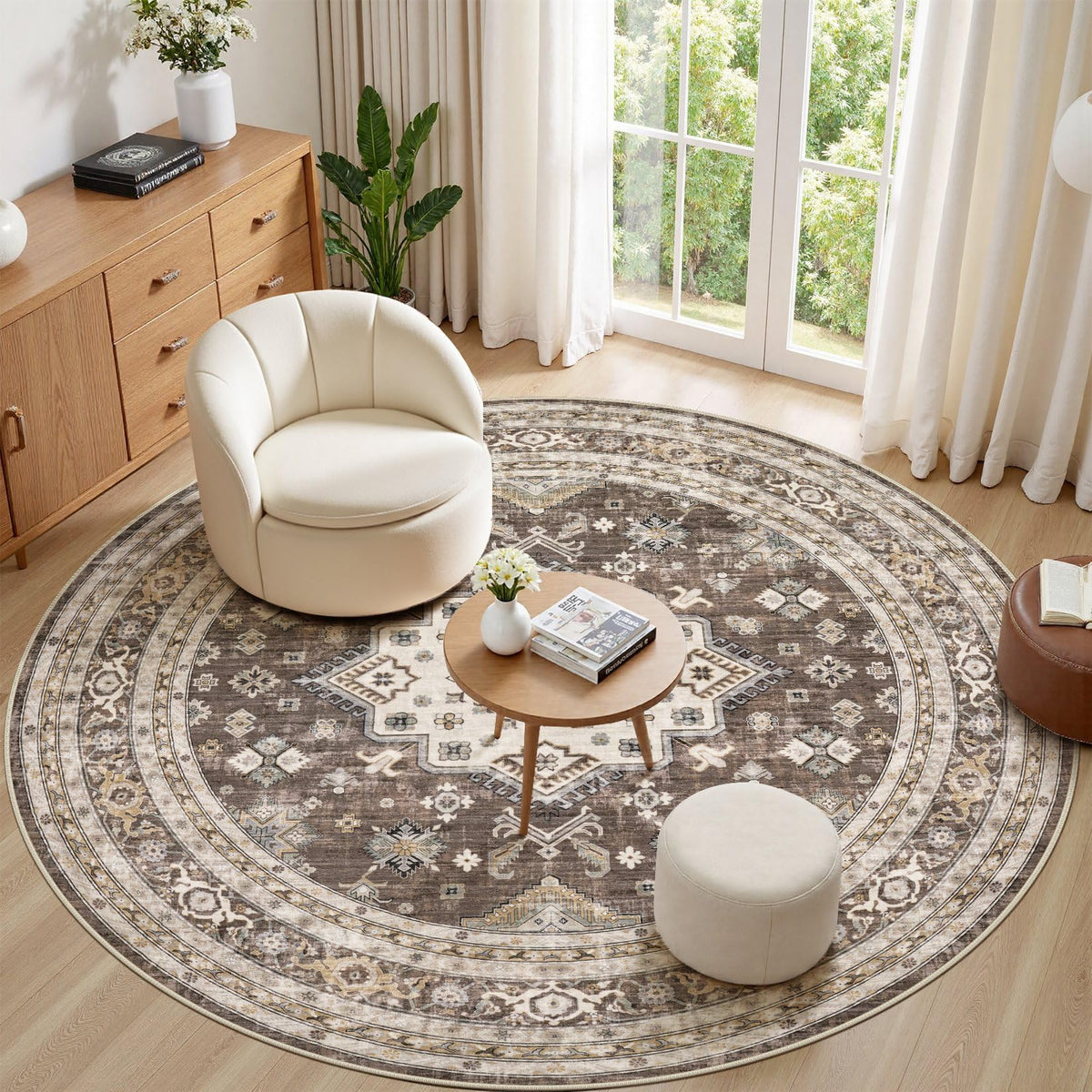 cotiled 9x12 Area Rug for Living Room, Washable, Traditional, Beige