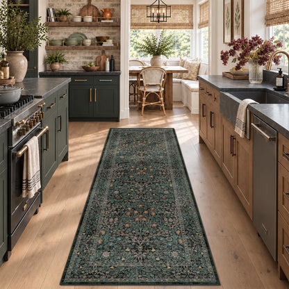 Floral Dark Green Washable Area Rugs 8x10, Vintage Living Room Rug