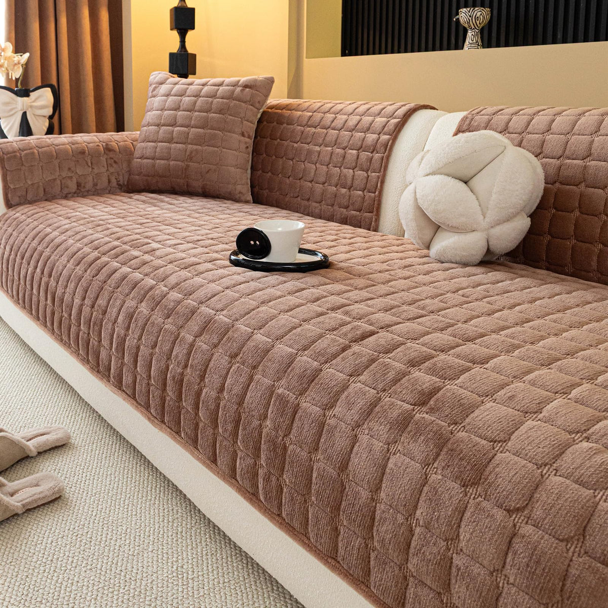 Velvet Sectional Couch Cover for 2-3 Seat, Khaki, 1PC, 35.4"x71"