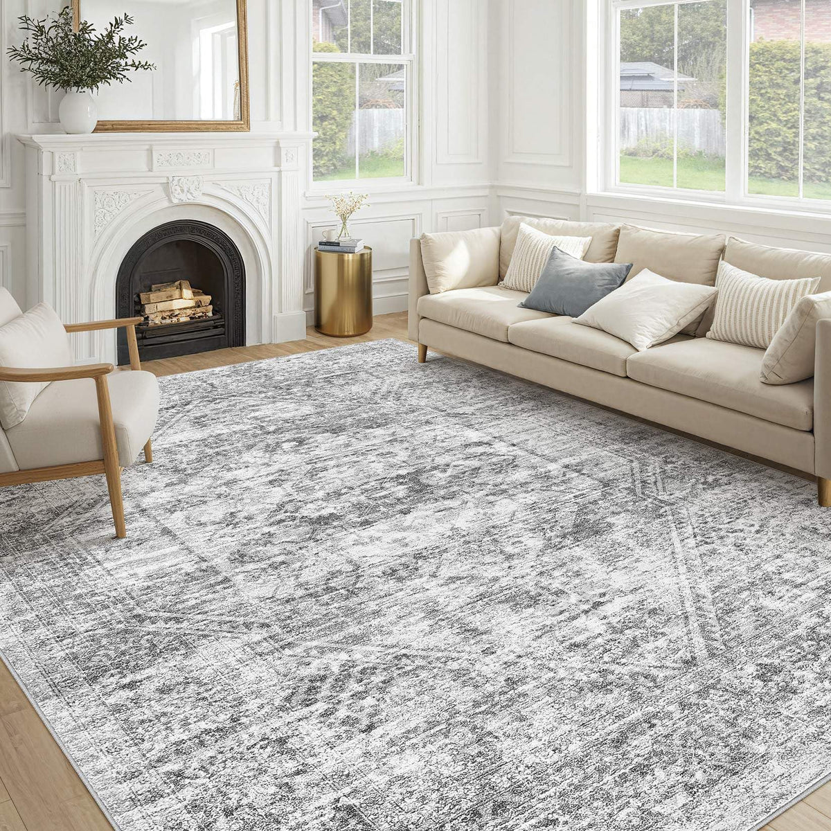 cotiled 9x12 Area Rug for Living Room, Washable, Traditional, Beige