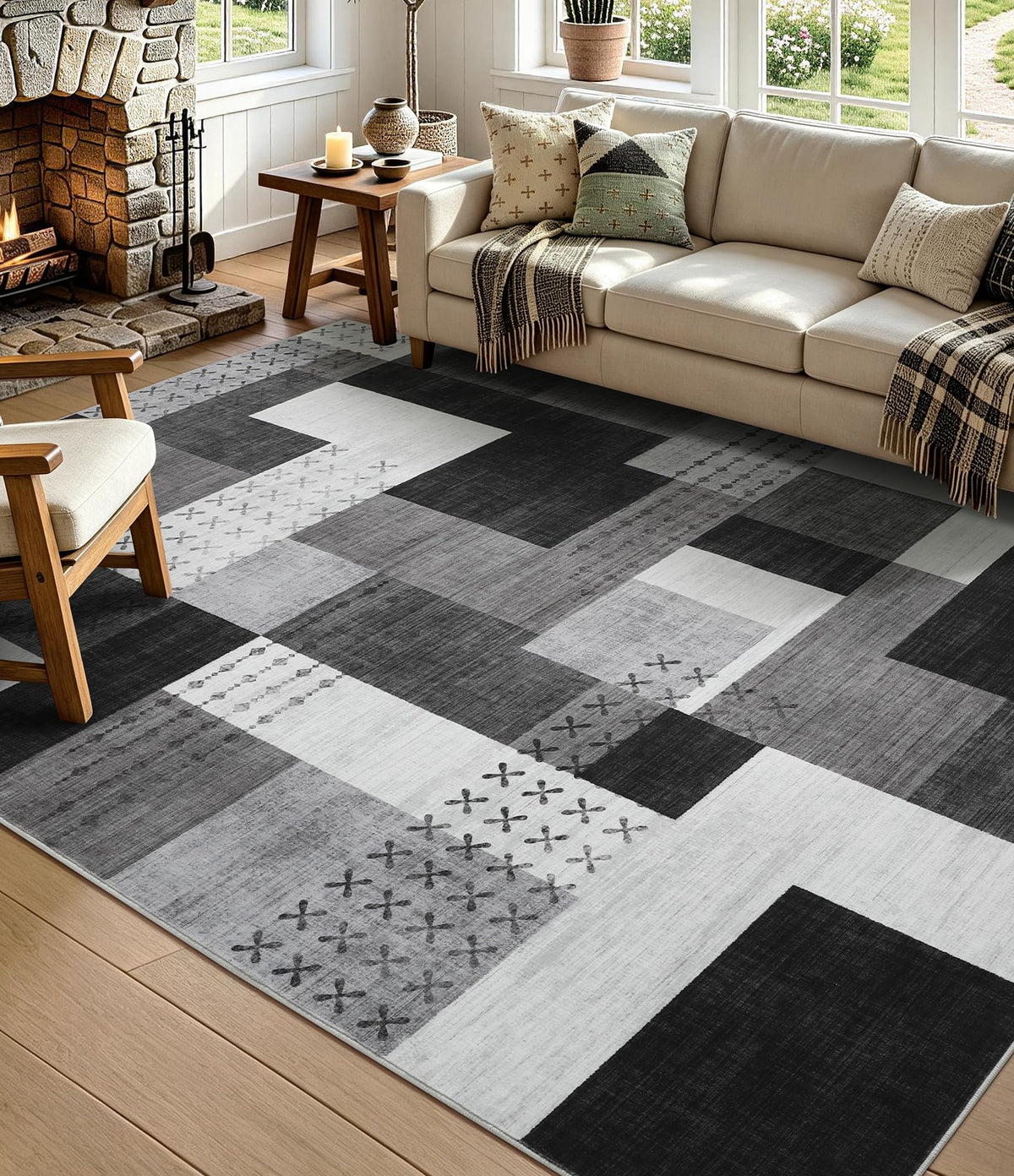 YIHOUSE Brown Modern 5x7 Area Rugs for Living Room, Washable Geometric Patchwork Rug for Bedroom Playroom Non Slip Low Pile, Southwestern Rustic Throw Carpet for Entryway Home Office