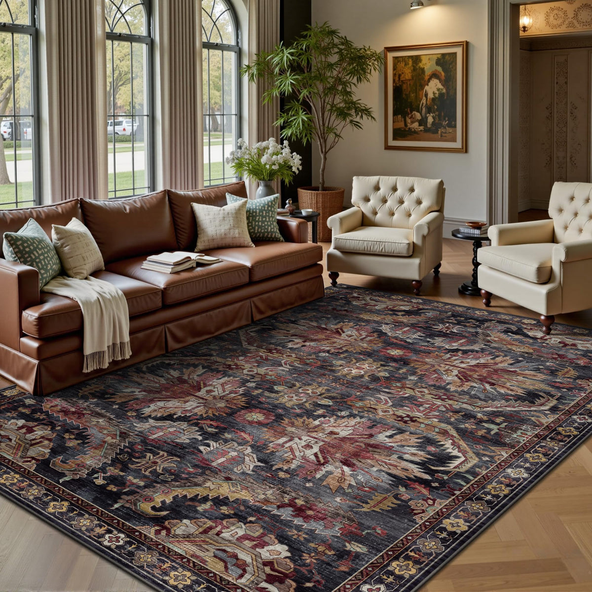 8x10 Area Rugs for Living Room - Washable Vintage Retro Large Rug, Soft Ultra Thin Non Slip Low Pile Traditional Distressed Boho Carpet for Bedroom Dining Room Home Office, Charcoal Olive