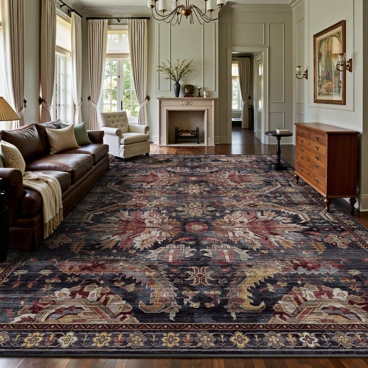 8x10 Area Rugs for Living Room - Washable Vintage Retro Large Rug, Soft Ultra Thin Non Slip Low Pile Traditional Distressed Boho Carpet for Bedroom Dining Room Home Office, Charcoal Olive