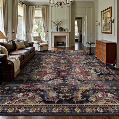 8x10 Area Rugs for Living Room - Washable Vintage Retro Large Rug, Soft Ultra Thin Non Slip Low Pile Traditional Distressed Boho Carpet for Bedroom Dining Room Home Office, Charcoal Olive