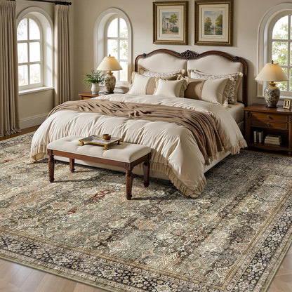 8x10 Area Rugs for Living Room - Washable Vintage Retro Large Rug, Soft Ultra Thin Non Slip Low Pile Traditional Distressed Boho Carpet for Bedroom Dining Room Home Office, Charcoal Olive