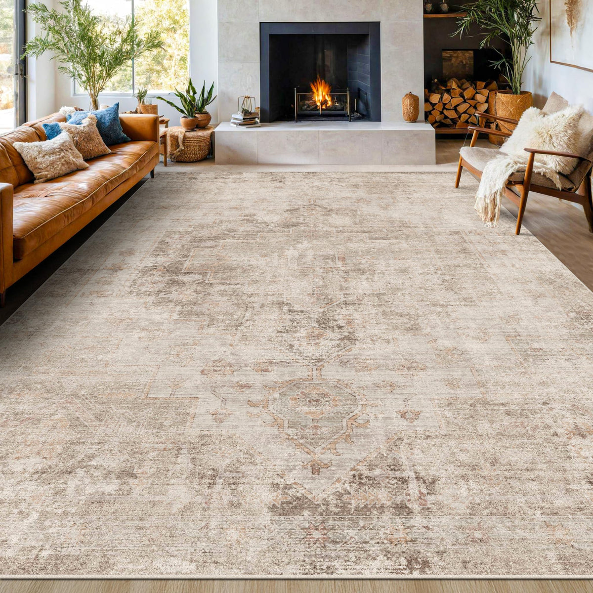 Farmhouse 8x10 Washable Area Rugs for Living Room, Neutral Taupe Brown Abstract Rug for Dining Room and Bedroom, Soft Foldable Low Pile Carpet, Stain Resistant Non-Slip Backing, Distressed Design